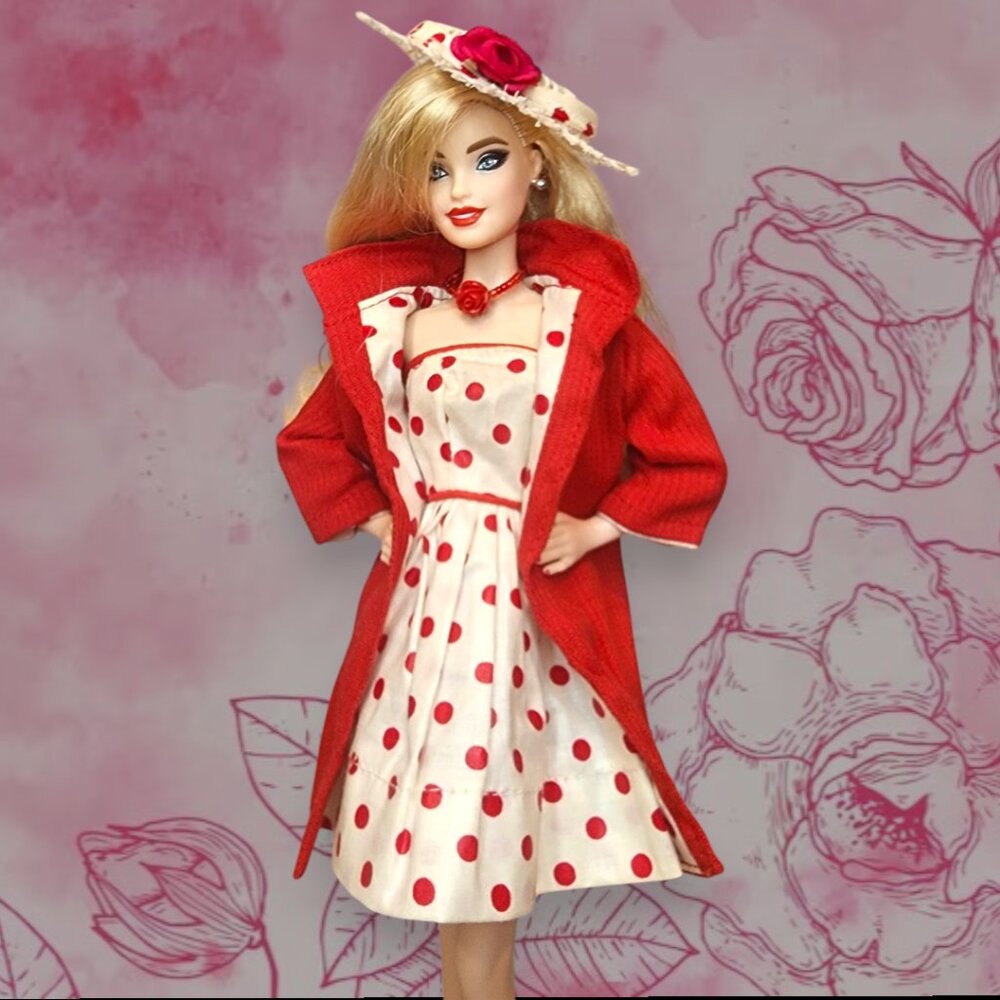 1960's Barbie Premier Togs Red & White Polka Dot Dress w/Matching Coat and Hat
